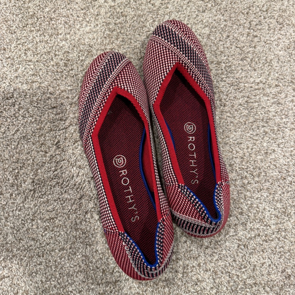 Rothys The Point Flats Red Navy Blue Plaid Knit Pointed Toe Shoes Womens Size 9